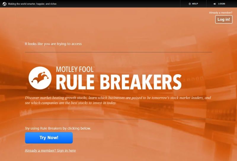 Motley Fool Rule Breakers Tool website landing page